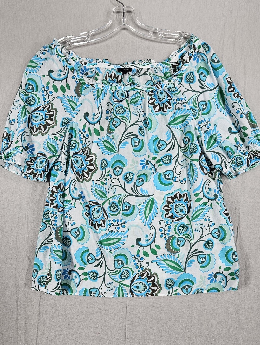 Talbots Women’s Off-Shoulder Floral Blouse in Aqua Blue Light Cotton